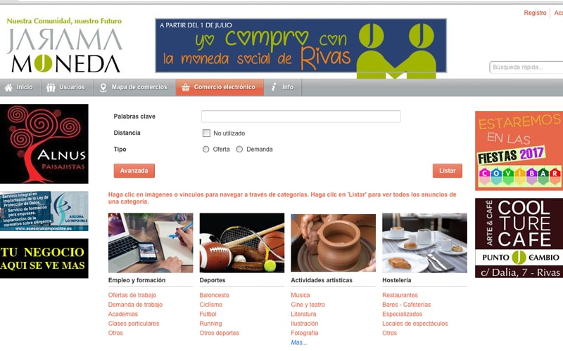 Web de la moneda Jarama, donde pueden consultarse los comercios adheridos a la red