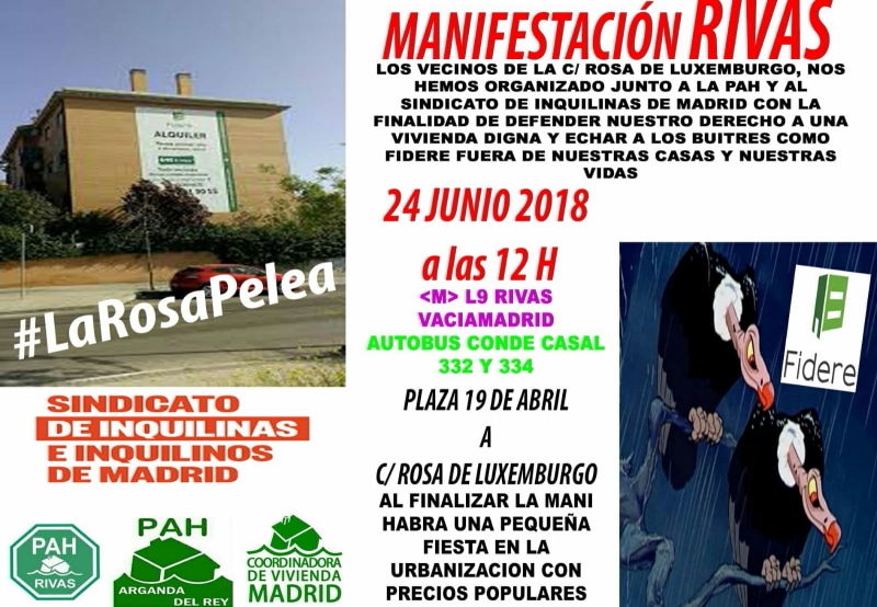 Cartel de la manifestación convocada por los vecinos de Rosa de Luxemburgo junto a las PAH de Rivas y Arganda y el Sindicato de Inquilinos de Madrid.
