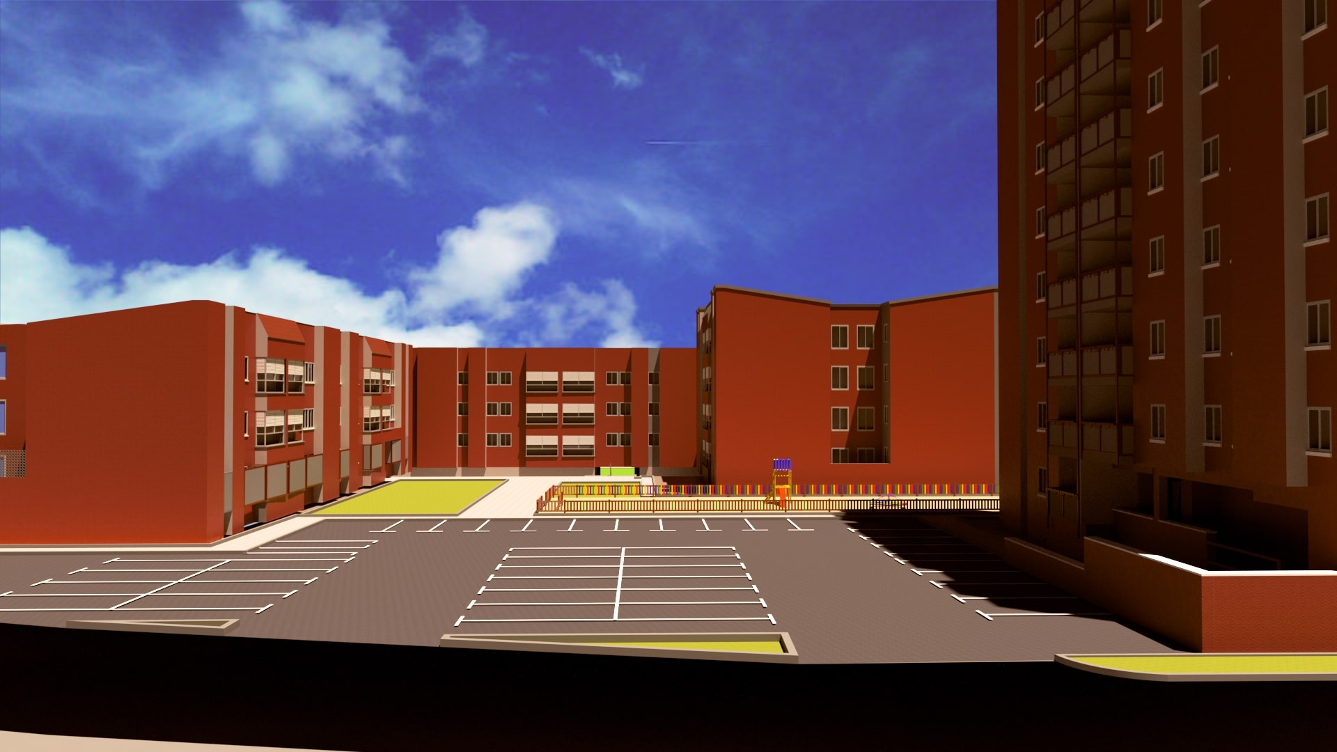Simulación del aspecto del barrio con acabados en un color único (rojo)