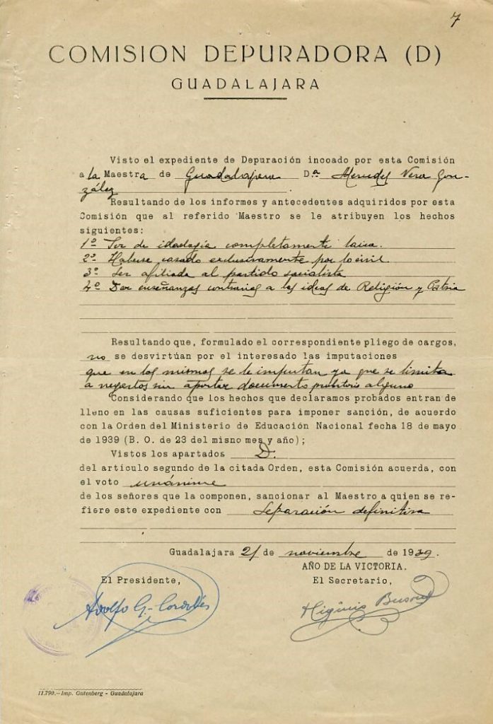 Expediente depuraci&oacute;n franquismo Mercedes Vera