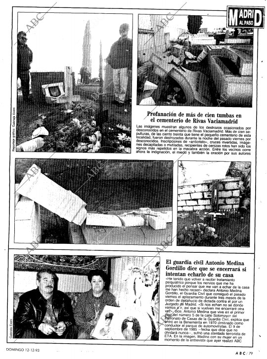 Noticia de ABC sobre la profanación de tumbas en el cementerio de Rivas Vaciamadrid, en 1993