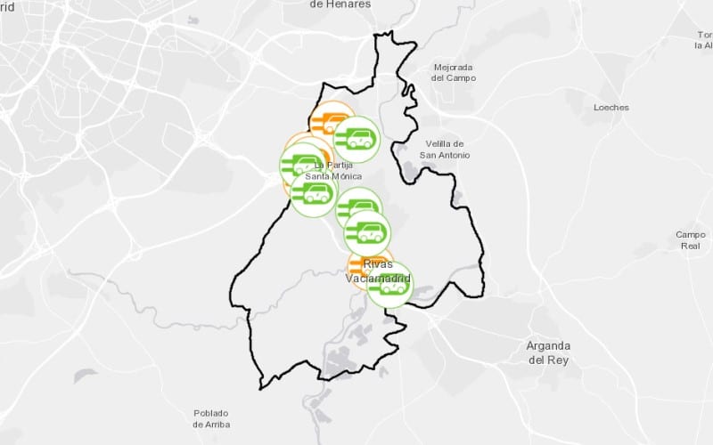 Mapa de puntos de recarga de vehículos eléctricos instalados por el Ayuntamiento de Rivas Vaciamadrid