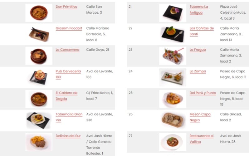 Algunos guisos de establecimientos d ela ruta 'Guisos del mundo'