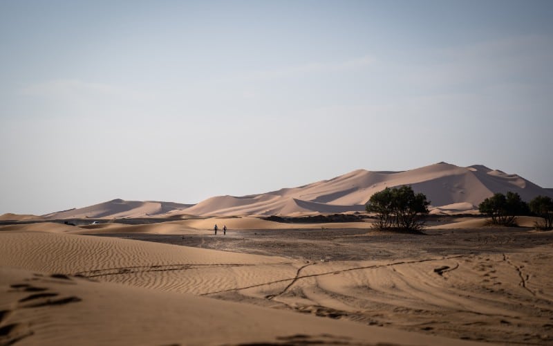 Padre e hijo, en el horizonte, camino del mar de dunas del desierto marroquí