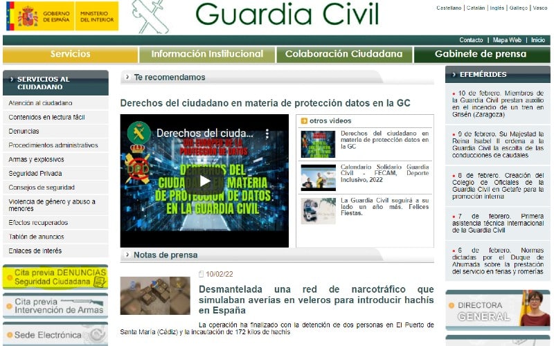 Marcado en amarillo, a la izquierda, el acceso directo a la cita previa de la Guardia Civil