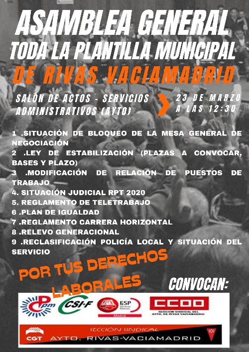 Convocatoria de la asamblea general firmada por todas las secciones sindicales del Ayuntamiento de Rivas 