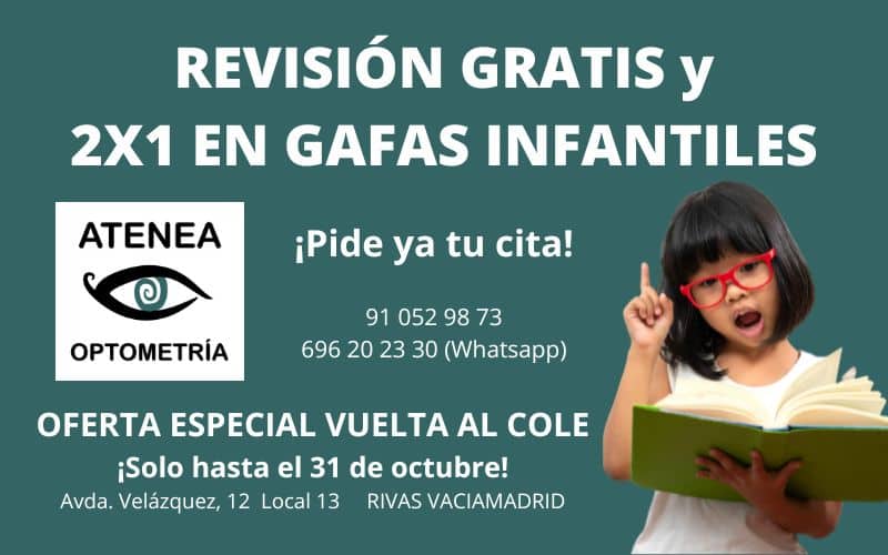 Oferta vuelta al cole: revisión gratis y 2×1 en gafas infantiles en Atenea Optometría Rivas