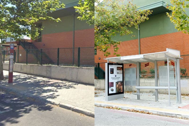 Parada de autobús junto al colegio José Hierro, antes y después de las obras 