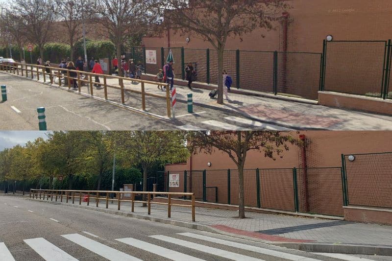 Entorno del colegio Dulce Chacón de Rivas Vaciamadrid, antes y después de la ampliación de aceras 
