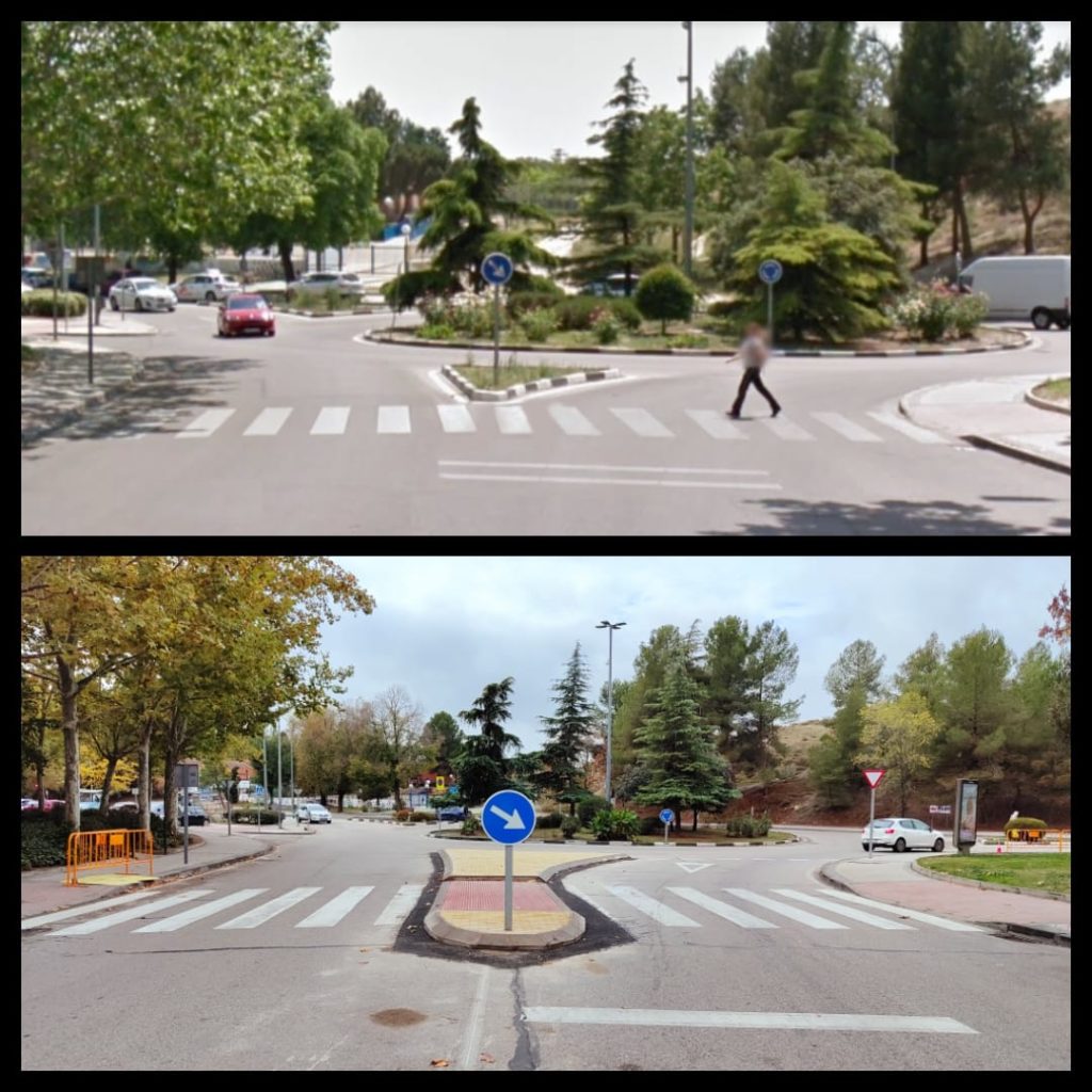 Antes y después del paso de peatones de la avenida de Gabriel García Márquez, esquina con avenida de Covibar