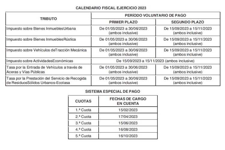 Calendario fiscal de Rivas Vaciamadrid para 2023 (Fuente: Ayuntamiento de Rivas Vaciamadrid)