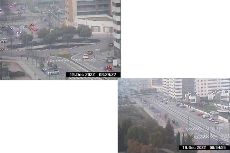 El tráfico en Aurelio Álvarez en dos momentos de la hora punta del 19 de diciembre