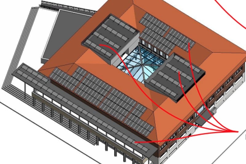 Ubicación de los paneles solares en la cubierta del centro cultural Federico García Lorca tras la optimización energética