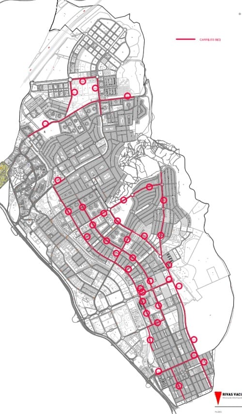 Plano original del carril bici de Rivas, con la calle Junkal incluida dentro de la red.
