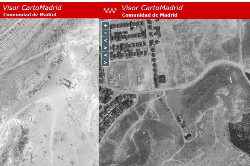 Fotos aéreas de la parcela del telégrafo de Rivas en 1984 y 1991, respectivamente (fuente: Cartoteca de la Comunidad de Madrid)