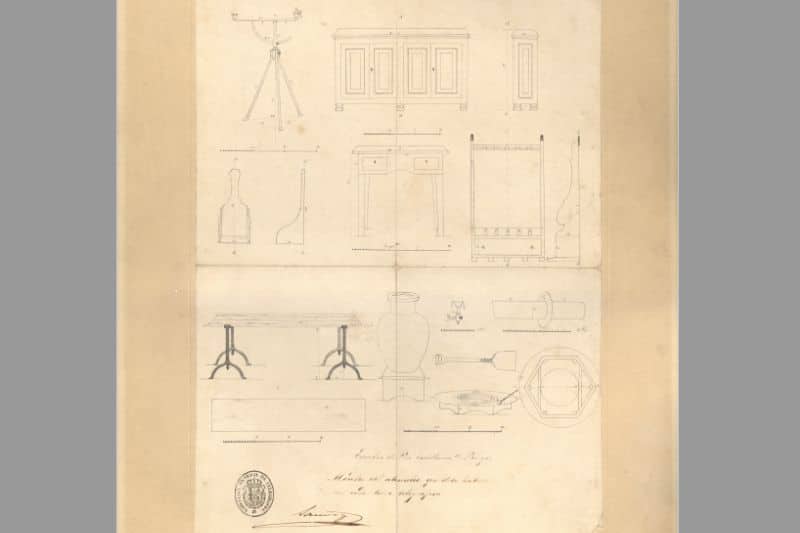 Planos del mobiliario de las torres de telegrafía óptica diseñados por José María Mathé (fuente: Museo Postal)