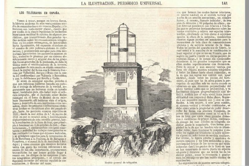 Artículo de prensa sobre las torres de telegrafía óptica, en La Correspondencia de España, del 3 de mayo de 1851 (fuente: Biblioteca Nacional)