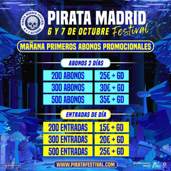 Relación de precios de las primeras entradas y abonos del Pirata Madrid Festival, del que Rivas es su sede