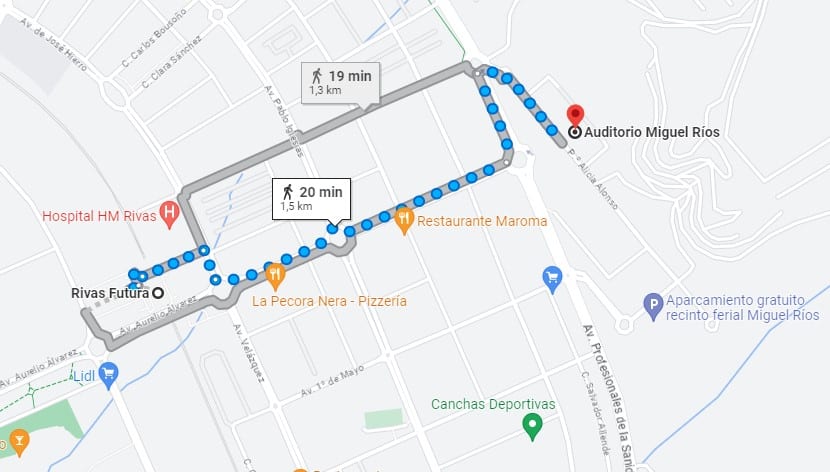 Trayecto a pie desde la estación de Metro Rivas Futura al auditorio Miguel Ríos