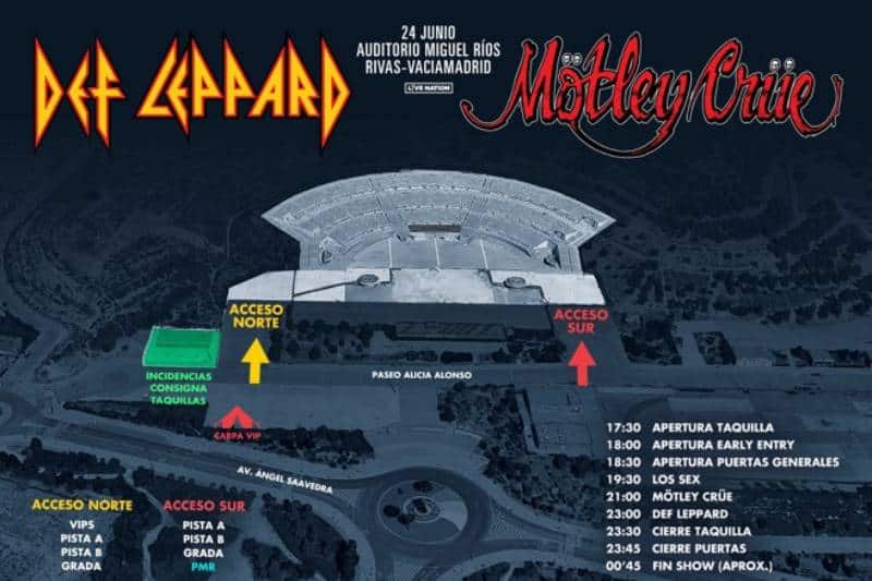 Mapa informativo del recinto del concierto de Def Leppard y Motley Crue.