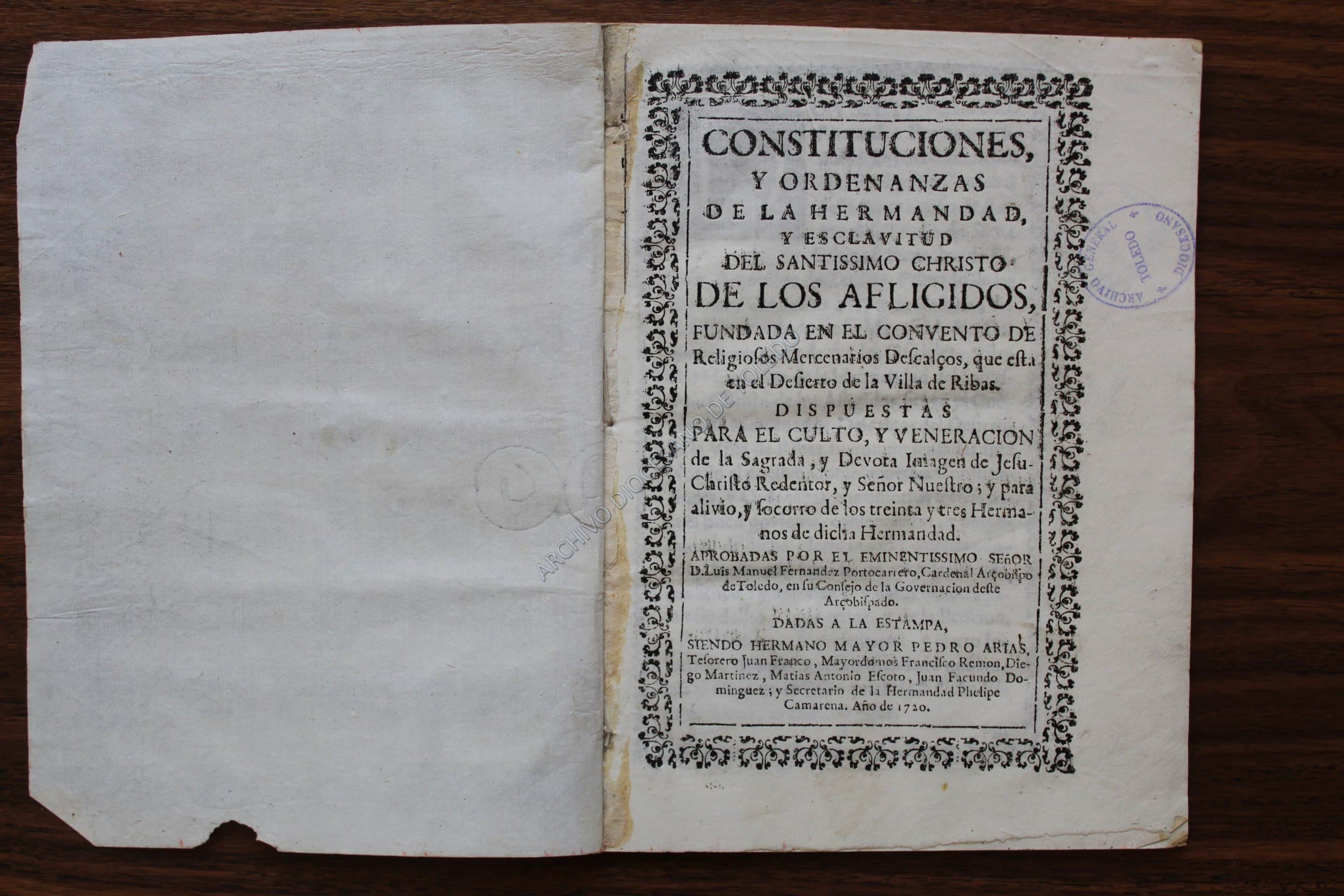 Constituciones de la Hermandad y Esclavitud del Santísimo Cristo de los Afligidos de Rivas (Fuente: Archivo Diocesano de Toledo)