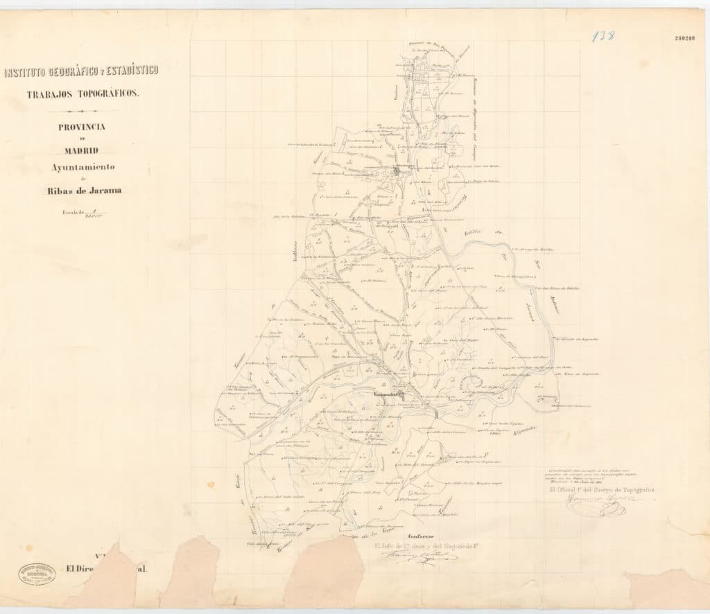 Mapa topográfico de Rivas Vaciamadrid. IGE, (1875), ‘Ayuntamiento de Ribas de Jarama’, Trabajos topográficos, Provincia de Madrid, 280200, fol. 138.