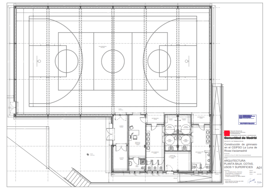 Plano de la superficie del nuevo edificio del gimnasio del CEIPSO La Luna