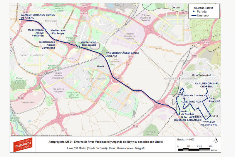 Alternativa 1 de la línea 331 interurbana de autobuses de Rivas Vaciamadrid, según el anteproyecto de ordenación de la red de autobuses del Consorcio Regional de Transportes de Madrid (fuente: Consorcio Regional de Transportes de Madrid).