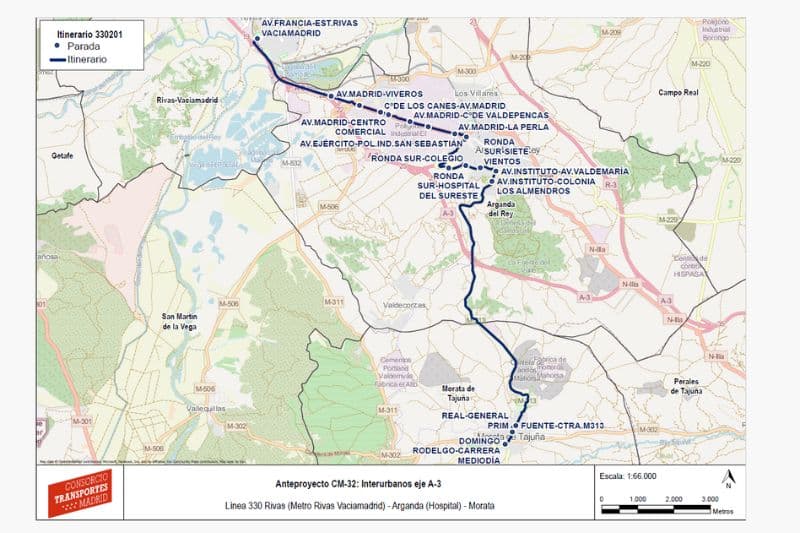 Alternativa 2 de la línea 330 interurbana de autobuses, según el anteproyecto de ordenación de la red de autobuses del Consorcio Regional de Transportes de Madrid (fuente: Consorcio Regional de Transportes de Madrid).