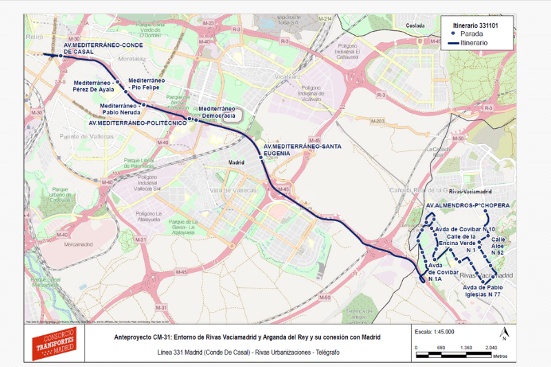 Nuevo trazado de la línea 331 de autobuses, según el anteproyecto de ordenación de la red de autobuses del Consorcio Regional de Transportes de Madrid (fuente: Consorcio Regional de Transportes de Madrid).
