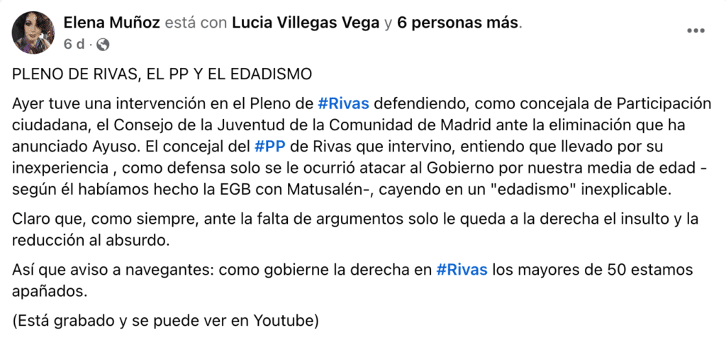 Captura de la publicación en FB de Elena Munoz aportada por el concejal Jesus Caballero