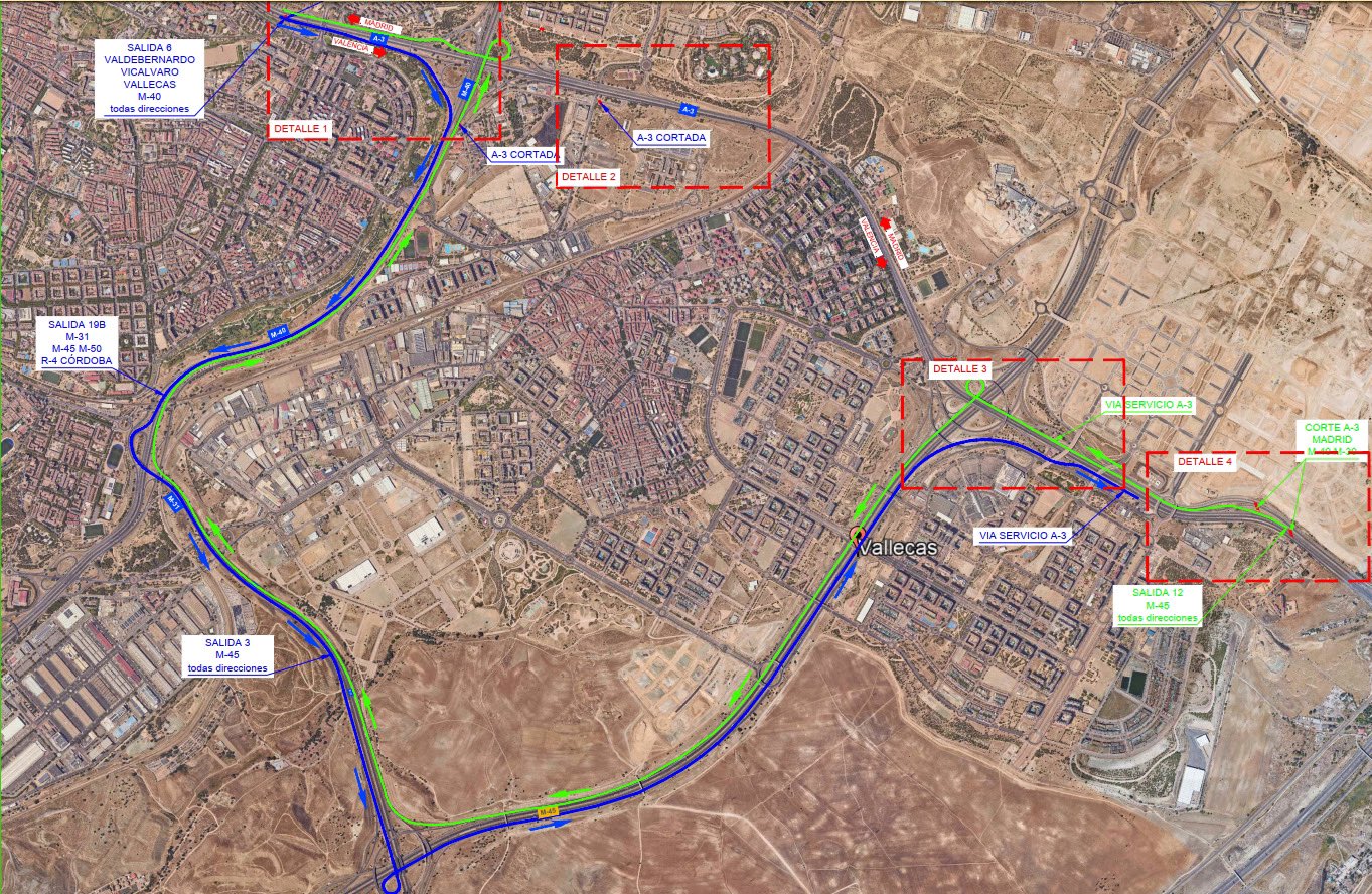 Croquis general del corte de la A-3 e itinerarios alternativos