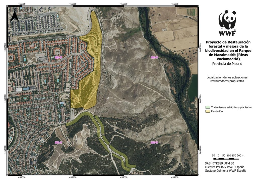 Mapa con las zonas a intervenir en elproyecto de WWF en verde y amarillo