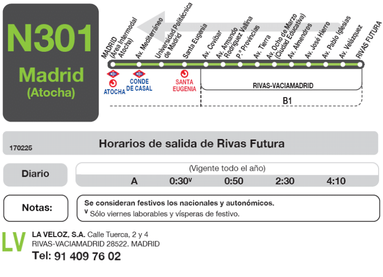 Recorrido y horario de la LN301
