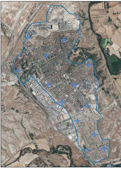 Plano con la ubicación de las 13 estaciones de medición de la calidad del aire que va a comprar el Ayuntamiento de Rivas