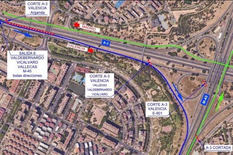Detalle del corte de la A3 y sus accesos (fuente: Ministerio de Transportes)