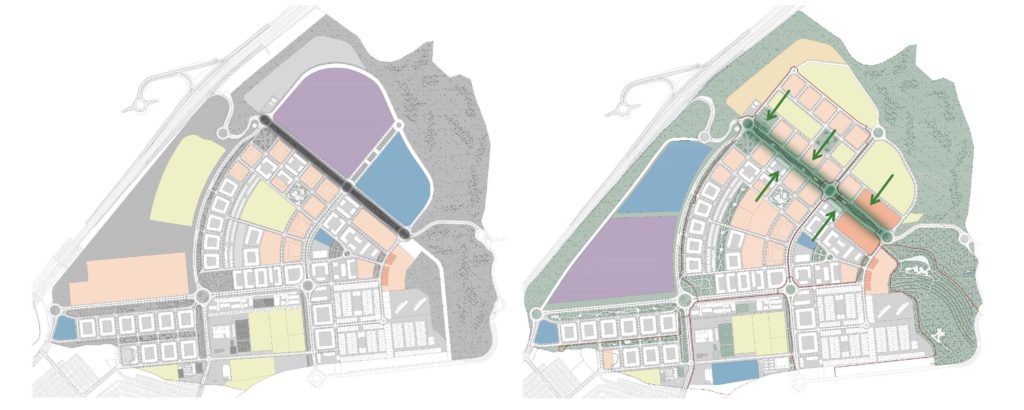 Comparativa avenida de la Democracia entre el modelo del Ayuntamiento y el de Jarama (fuente: Jarama)