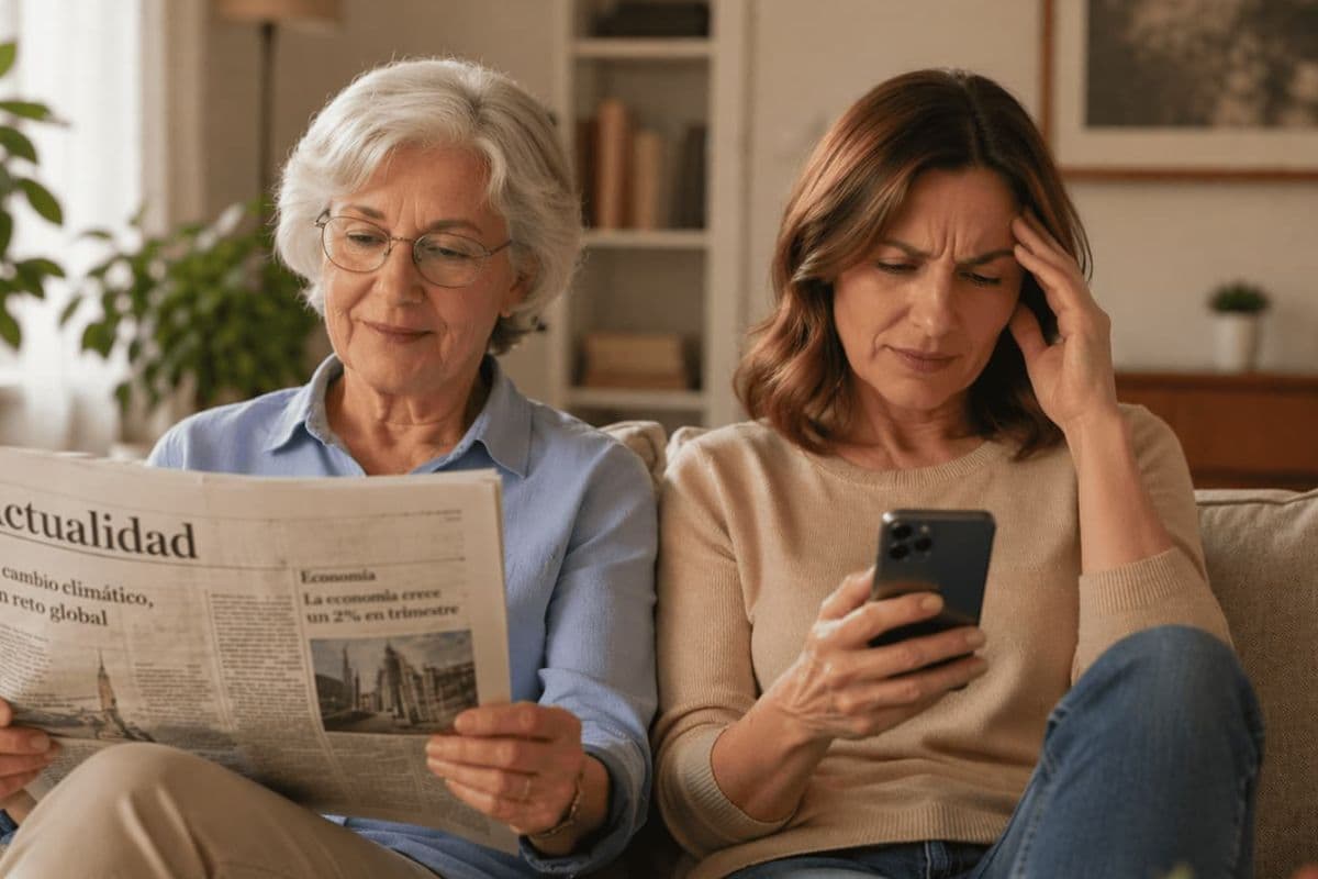 Una mujer de unos 40 años fuerza la vista con su madre al lado leyendo con comodidad el periódico